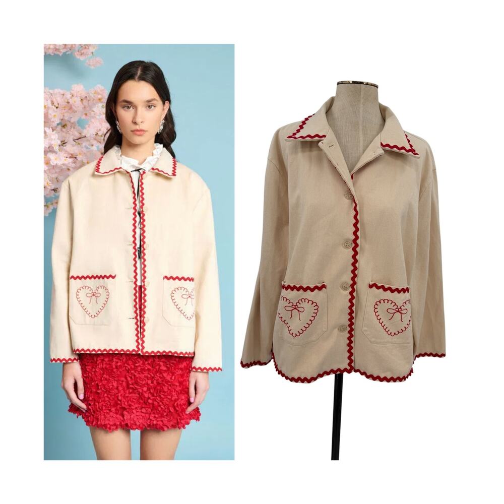 Sister Jane Posey Heart Embroidered Ric Rac Cream Jacket NWT M+ US 8